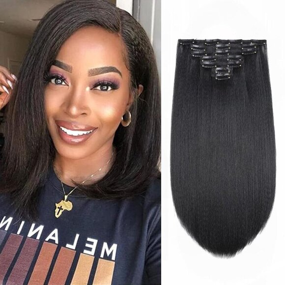 Kinky Straight Clip in Hair Extensions Synthetic Black 14 Inch 7 Pcs